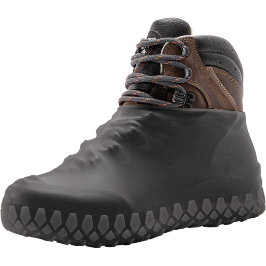 Black boot cover over a brown hiking boot on a white background