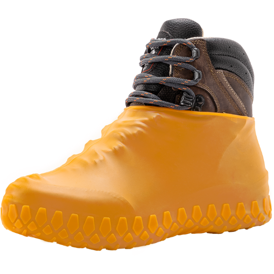Nature Tracks - Orange rubber boot cover over a brown boot on a white background