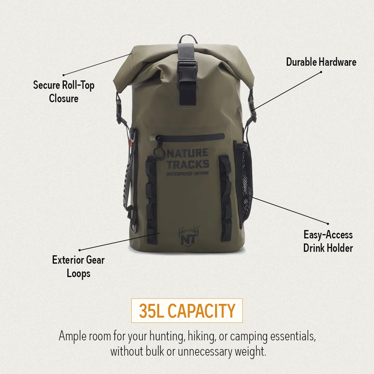 PEAK SERIES - BASECAMP DRYPAK BACKPACK 30L Green Drypak Bag NATURE_TRACKS_ECOM0218 Nature Tracks - Dark green