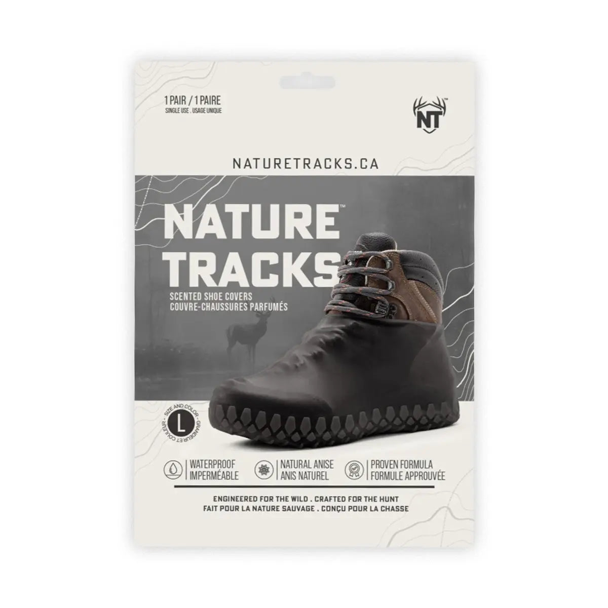 Package of Nature Tracks scented shoe covers with a boot on a white background - 10001-01